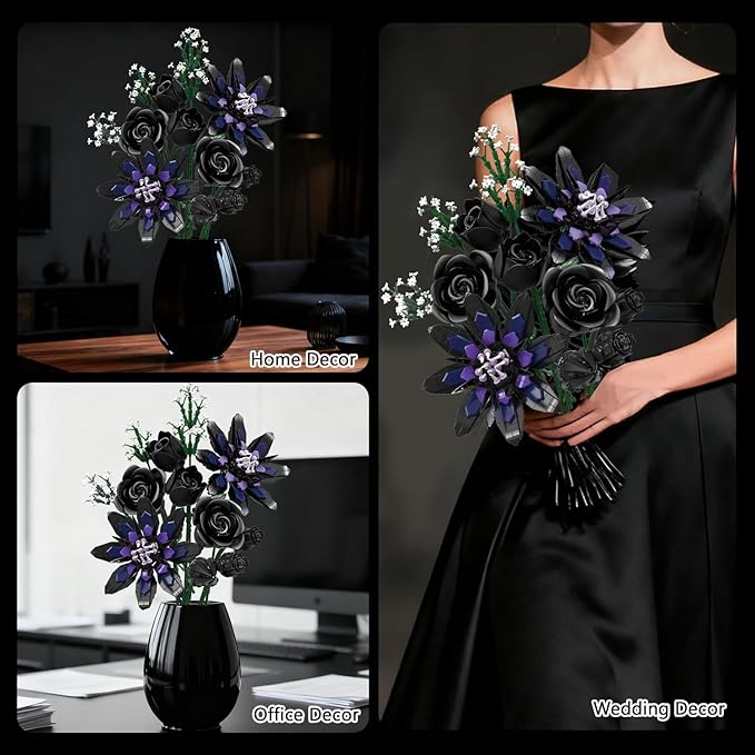 Flower Bouquet Building Set 12 Gothic Black Rose and Lotus Botanical Collection Building Block Toy Compatible with Lego Flowers for Adults Women Home Decor Gift for Valentine Mother's Day
