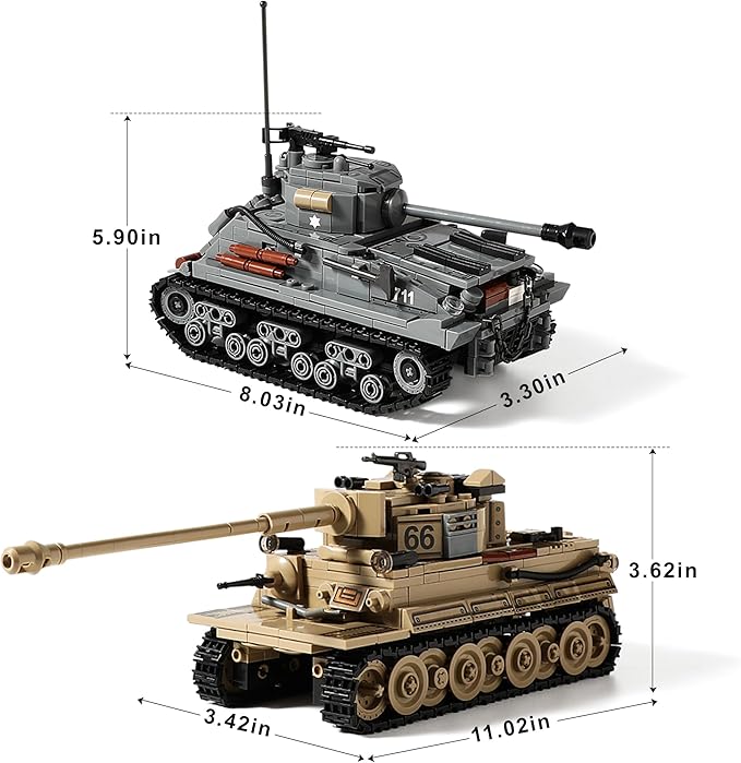 WW2 Army Tank Toys Building Kit Compatible with Lego Create a German Tiger &amp an American M4 Sherman Models with 1184 Blocks Great Military Toy Gifts for Boys Kids Age 8-14