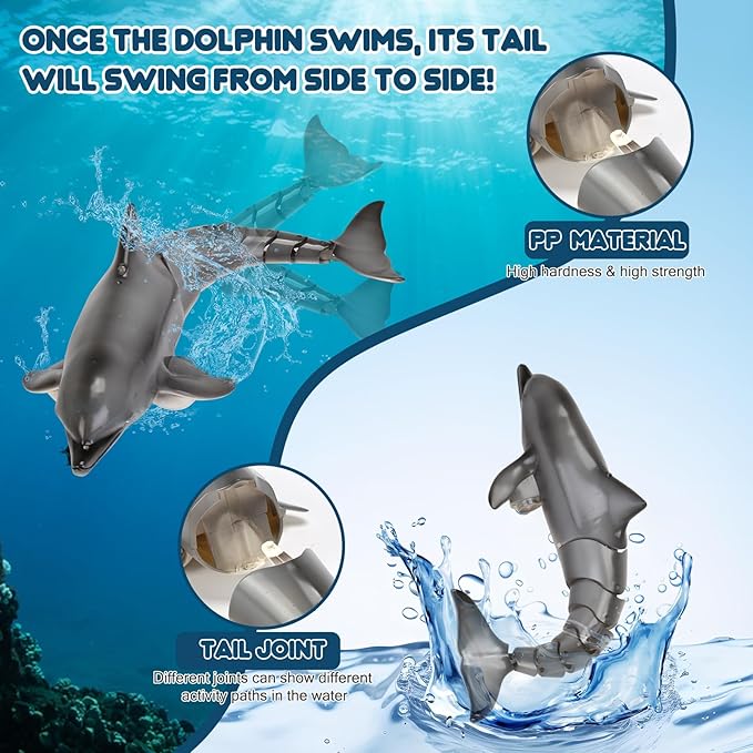 Remote Control Dolphin Toys for Kids 2.4G High Simulation Oceanic RC Dolphins Fish Toys for Swimming Pool Bathroom 2x600mAh RC Boat Water Toys Great for 6+ Year olds Boys Girls Kids Gray