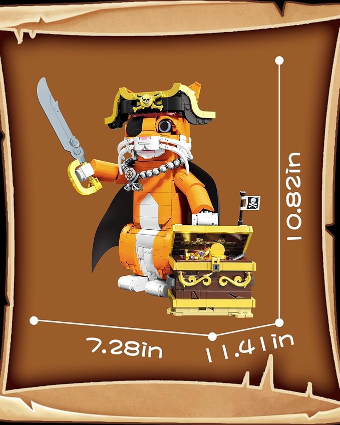 Pirate Captain Cat Building Set for Adults Compatible with Lego Set 1424PCS Orange Cat with Treasure Chest &amp Pirate Hat Adventure Collection Gifts for Animal Lovers