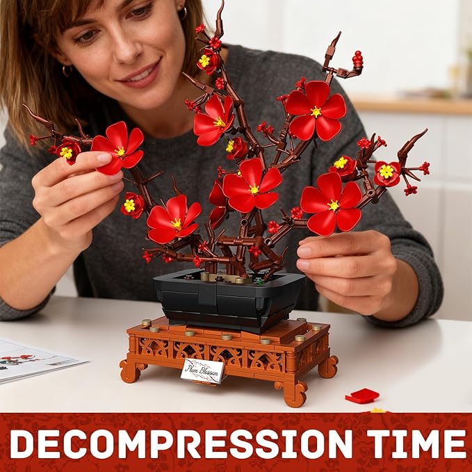 Flower Building Set Plum Blossom Bonsai Building Blocks for Adults DIY Botanical Decor Kit for Home Desk Office Gift for Women 692 PCS