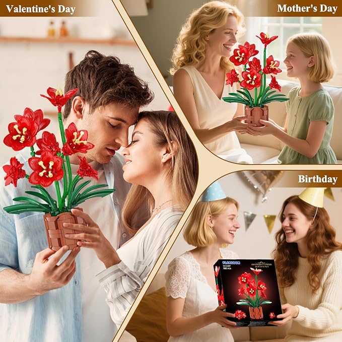Amaryllis Flowers Bonsai Building Set Easter Botanical Collection Building Block Artificial Plant Kit Home Decor 503 PCS Flower Bouquet Bonsai for Her Adults Kids Boys Girls 12+