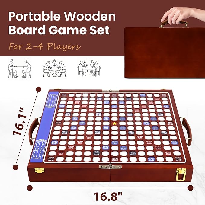 Deluxe Crossword Board Game with Rotating Board Foldable &amp Portable Design Large-Sized Board Built-in Storage for 2-4 Players Includes: Letter Tiles Wooden Racks Scorepad Set Hourglass