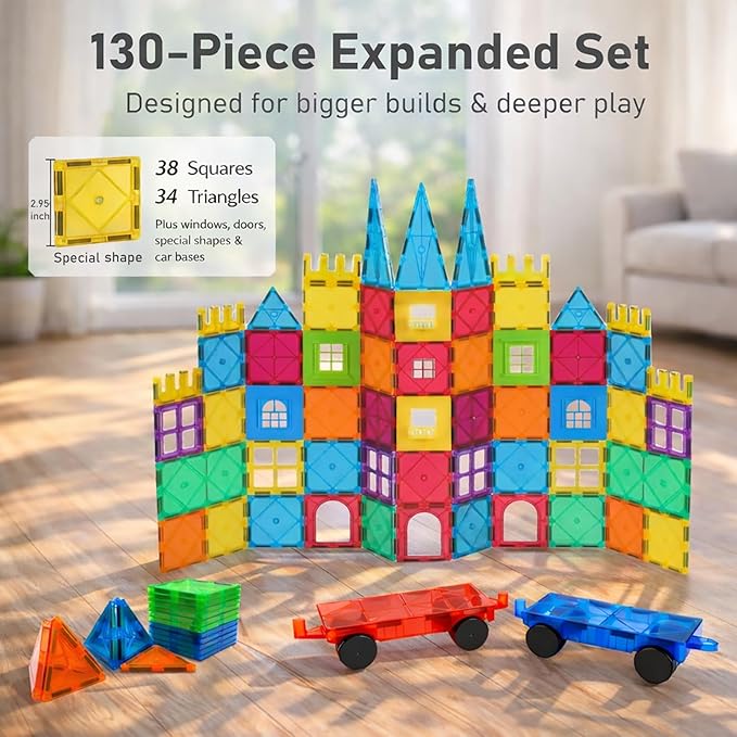 LATI 130-Piece Magnetic Tiles Building Toy Large Set for KidsMagnetic Building Blocks Construction SetOpen-Ended Play STEM Educational ToyCompatible with Other BrandsGift for Boys &amp Girls Ages