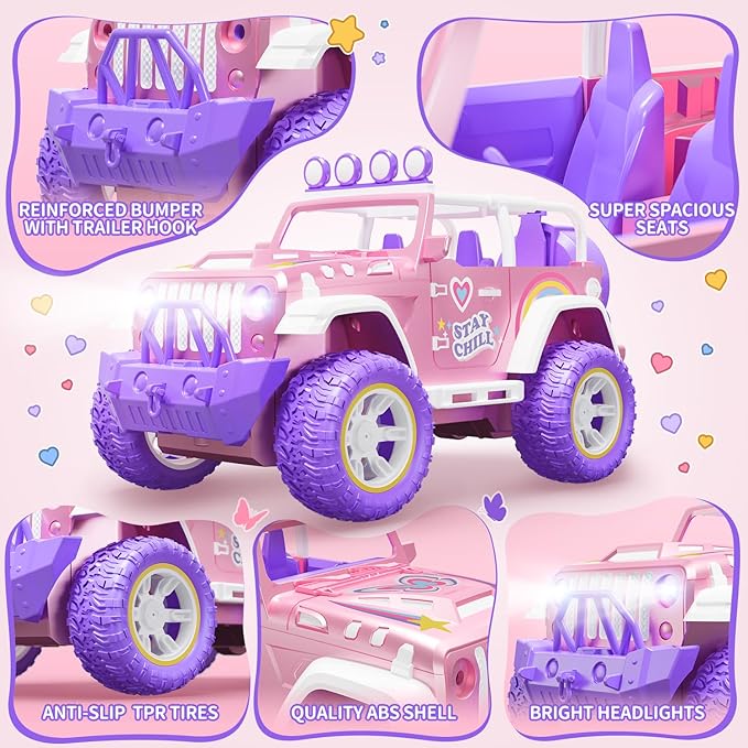 DEERC Pink Remote Control Car for Girls with Fog Mist &amp Music 1:16 RC Car with LED Lights for Kids 2.4Ghz All Terrain SUV Truck Gifts Off-Road Racing Vehicle Toy Car Girls Toys