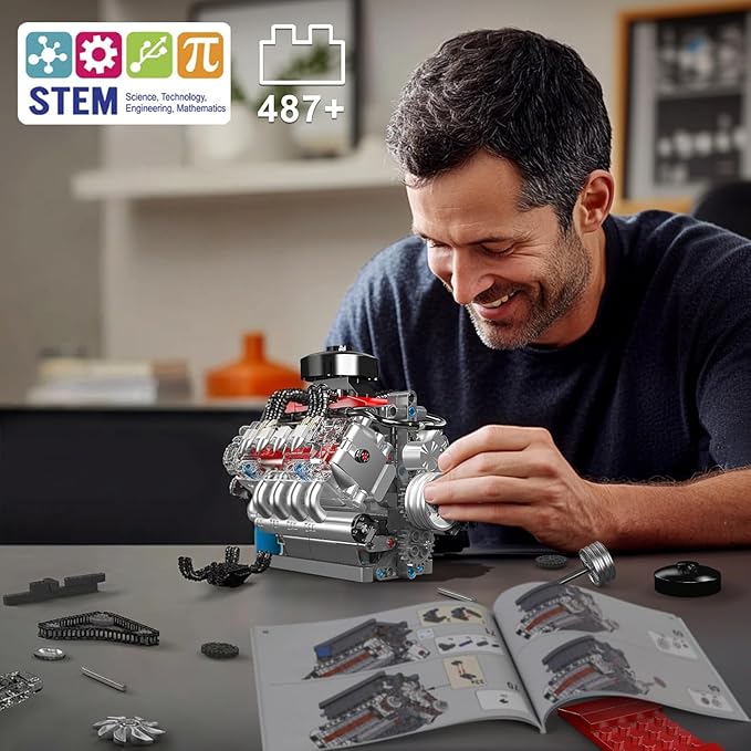 Mould King 10171 V8 Engine Building Blocks Sets V8 Engine Model kit That Run Build Your Own STEM Model Engine 8-Cylinder Car Engine Building Engineering Toys for Age 14+/Adults Collections(487+PCS)
