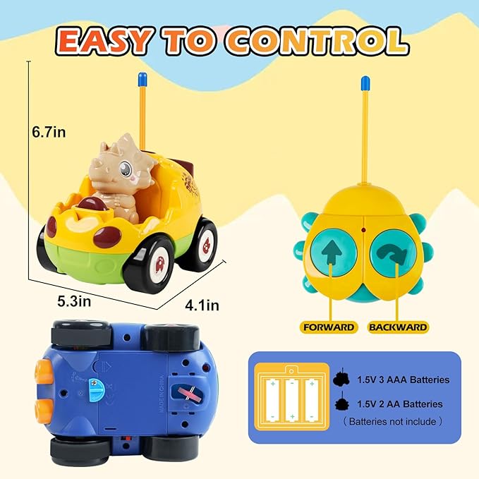 2-Pack Remote Control Dinosaur Toy Car for Kids - Birthday Gifts for Boys Toddlers Ages 18+ Months 2 3 4 5 Year Old Dino RC Vehicle with Lights and Music