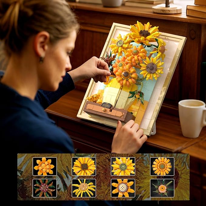 Building Block Sets Van Gogh Sunflower Painting Building Toys with Sensor Light 1166 Pcs 3D Framed Wall Art for Adults DIY Model Kit for Home Office Decor Gift for Women &amp Art Lovers