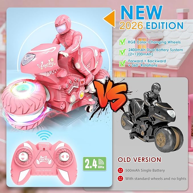 Remote Control Motorcycle for Girls with RGB Wheels Lights RC Motorbike Toy 360° Rotations 55 Min Play Stunt Motocross with Rider 2.4Ghz RC Dirt Bike Birthday Xmas for Girls 4-12 (Pink)