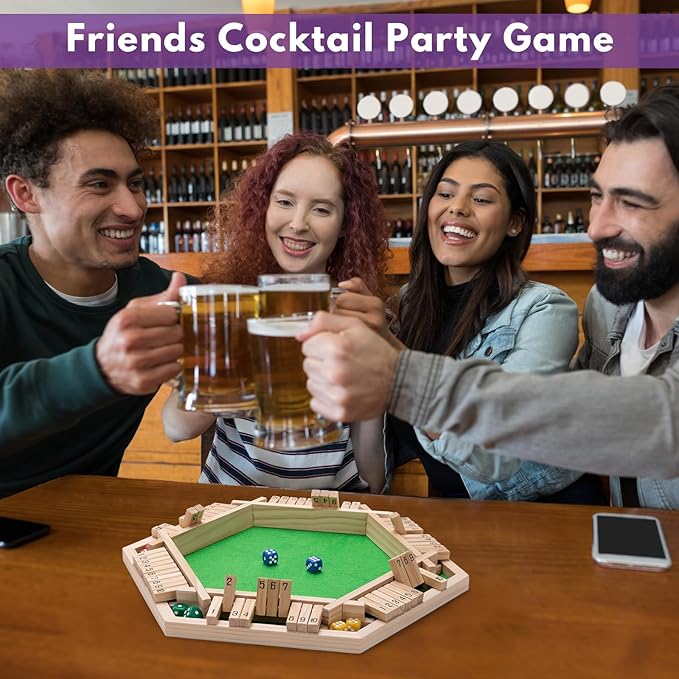 Shut The Box Dice Game - Classic Wooden Tabletop Game for 2-6 Players - Natural Wood Finish Family Board Game for Adults &amp Kids - Perfect for Parties Bars Classroom Math Learning
