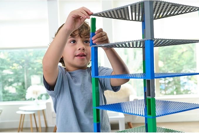 Strictly Briks Baseplate Set - Compatible with Lego 10 x 10 in 6 Baseplates with 50 Stackers Stackable Baseplates Building Toy Blocks Custom Display Towers Kids Easter Gift Blue Green Grey