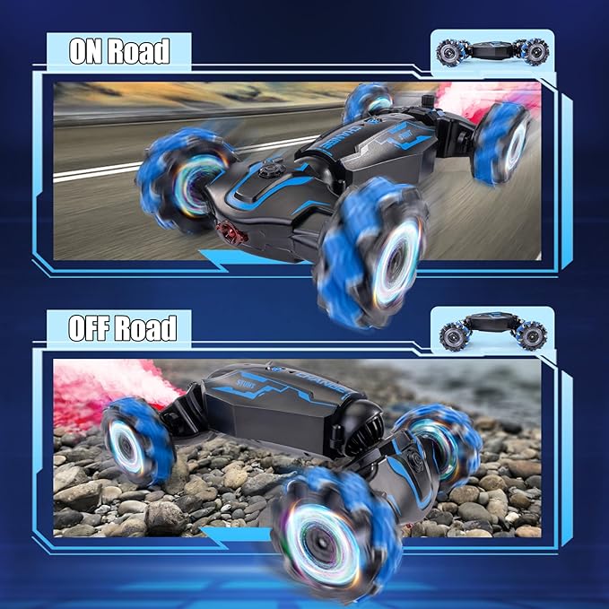 4WD Remote Control Gesture Sensor Car Double-Sided Rotating 360° Flips Drift with Lights Music RC Stunt Twist Car Birthday Presents for 6-12 Kids (Blue)