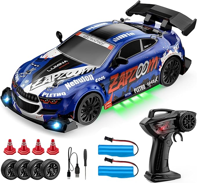 1:24 Scale RC Drift Car 4WD 2.4GHz High Speed Racing Sport Toy Car with LED Lights Racing and Drift Wheels (E81-Blue)