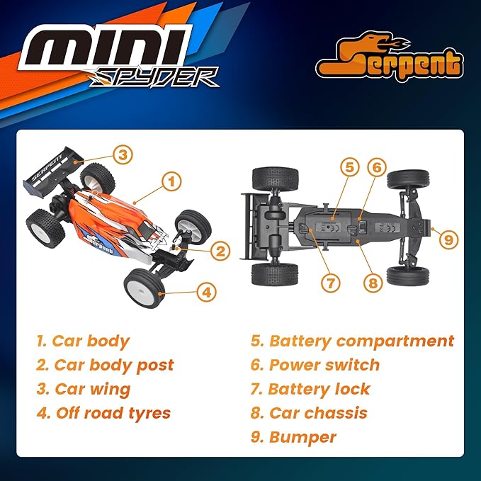 Serpent 1:24 Mini RC Car RTR with Gyro 1/24 Scale 2.4GHz Off-Road RC Car All Terrain Off-Road Buggy High Performance RC with 1 Battery 1 USB Data Cable