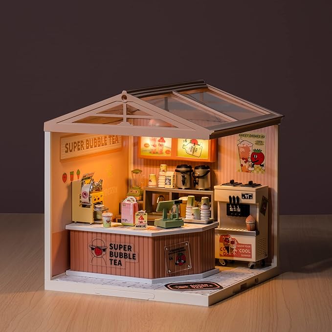 Rolife LED Building Blocks for Adults1:24 Toy Building SetsModel Building Kits for Kids Ages 8-12-15DIY Miniature Dollhouse Kits for AdultsHobbies for Women Men (4.Double Joy Bubble Tea)