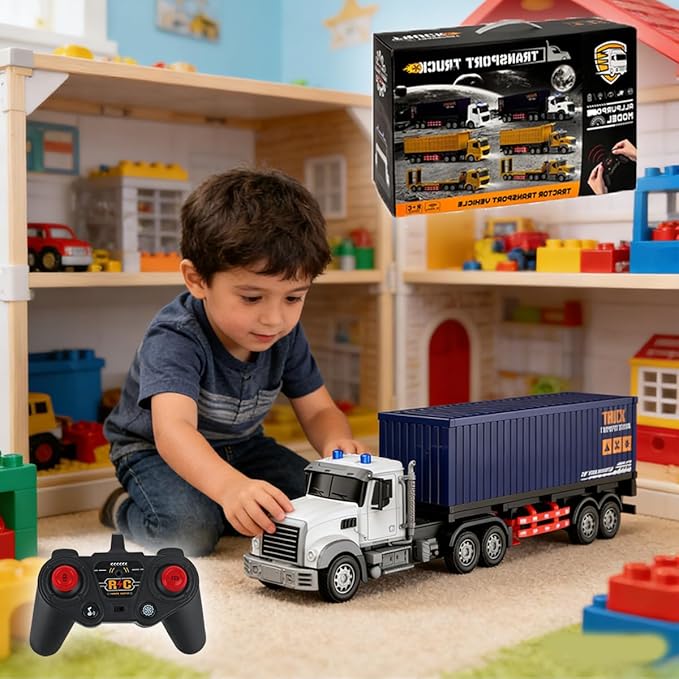 Remote Control Semi Truck with Trailer -24 Inch Semi Truck Toy for Kids1:24 Container Truck with LED Lights &amp Music Great Gift for Boys Girls