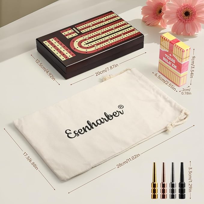 Cribbage Board Foldable 4-Track Cribbage Board Game Set Solid Wood Game Board with 12 Brass Pegs &amp Felt-Lined Storage for 2-4 Players with Convenient Pouch