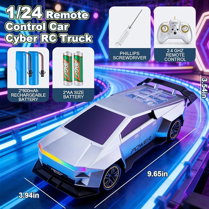 Remote Control CarAll Terrain 2.4GHz RC Truck for 3-12 Year Old Boys Electric Vehicle RC Car with LED Lights for Kids Birthday Gifts for Kids (Silver)
