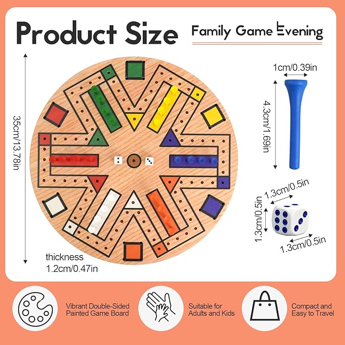 Wooden 3-6 Players Board Game Set with 48 Pieces and 4 Dice 13.7 Inch Painted Wooden Board Game for Adult Teen Family (6 Colors)