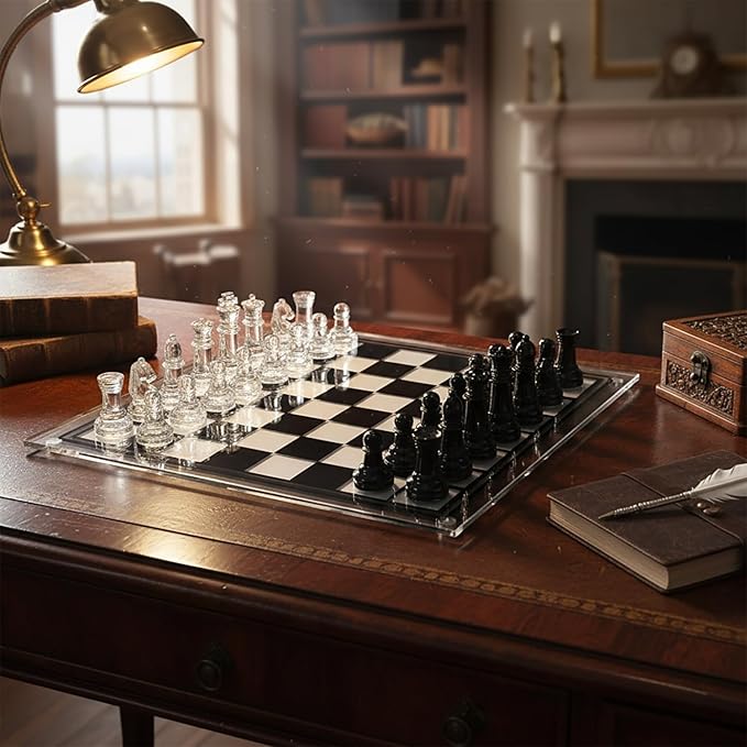 Elegant Glass Chess Set 13.8 Inch - Large Modern Chess Board Game with Black &amp Clear Pieces Felted Bottoms - Crystal Strategy Game Gift for Adults Home Decor
