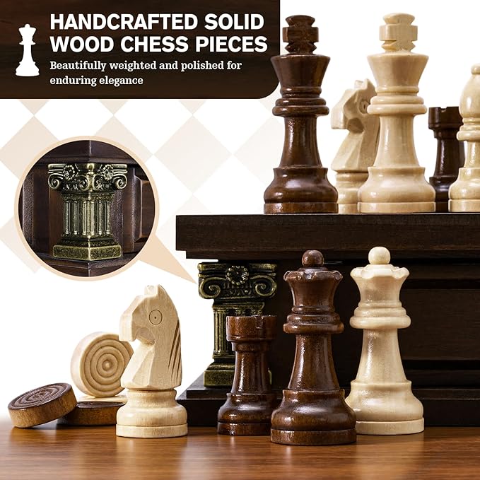 Peradix Magnetic Chess Set with 2 Built-in Storage Drawers 12 inch Wooden Strategy Board Games 2 Extra Queens Travel Magnet Chess Game for Adults Kids and Family Game Night Gift Package
