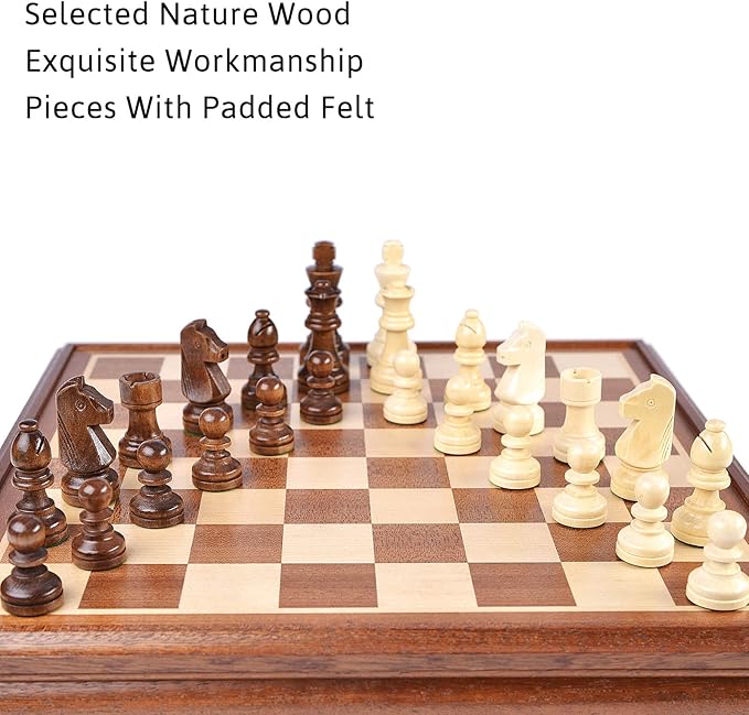 VAMSLOVE Chess and Checkers Board Game Sets for Adults Wooden Deluxe 15 inch Wood Board Box with Storage Classic 2 in 1 Large Size with Chess Pieces - 3” King Height - 2 Extra Queens