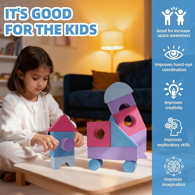 Large Building Foam Blocks for Toddlers EVA Stacking Foam Building Blocks Toy Set Non-Toxic Washable Early Learning Construction Toys &amp Gifts for Kids Boys &amp Girls (Pink Pieces 30)