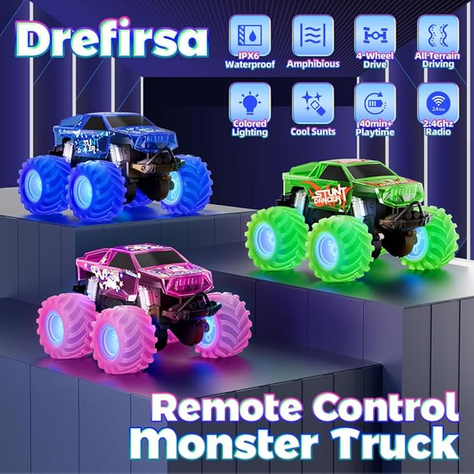 Blue Monster Truck Toy Amphibious Remote Control Car 4WD All Terrain Off-Road RC Truck with Colorful Light RC Stunt Car Toy for 6 7 8 9 10 11 12 Year Old Boy Birthday Gift
