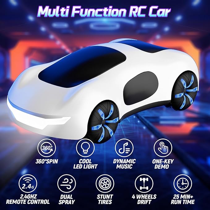 Remote Control Car Gesture Sensing RC Sunt Car 2.4GHz RC Drift Cars with Spray Light and Sound 360° Rotating Side Drifting RC Cars with 2 Batteries Birthday Gifts (White)