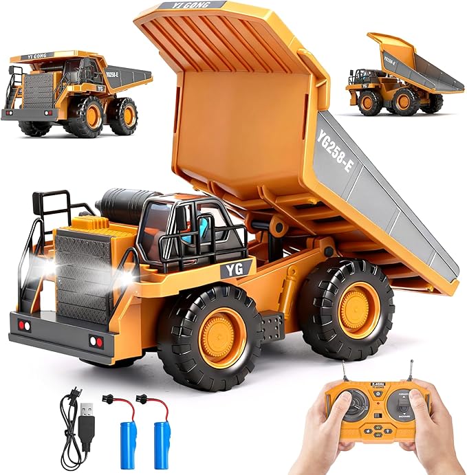 HuiJuKeJi Remote Control Dump Truck - 360° Rotating Metal Bed 9-Channel RC Construction Toy for Indoor Outdoor Play Rechargeable with Lights &amp Sounds for Kids Ages 6+