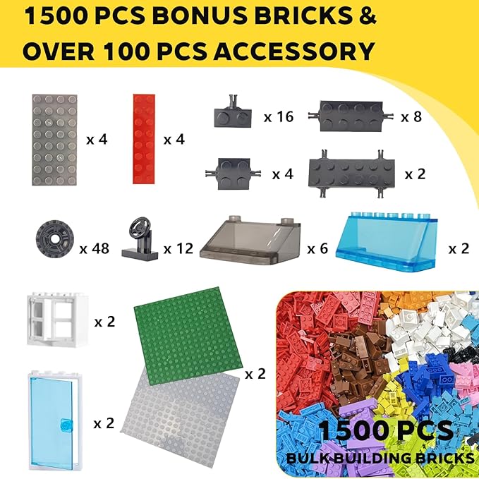 1600 Pieces Building Bricks Classic Bulk Building Blocks for Kids with Wheels and Axles Sets Windshield Windows Doors Baseplates Compatible with All Major Brands - 18 Shape/12 Color