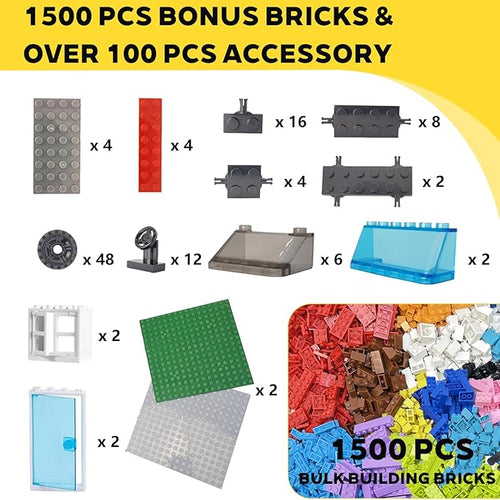 1600 Pieces Building Bricks Classic Bulk Building Blocks for Kids with Wheels and Axles Sets Windshield Windows Doors Baseplates Compatible with All Major Brands - 18 Shape/12 Color