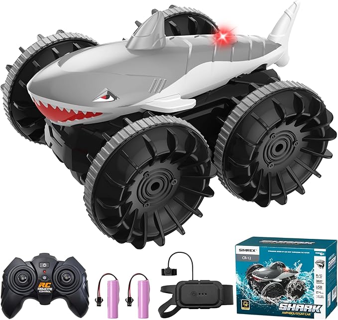 SIMREX Shark Amphibious Remote Control Car - Gift for Kids Boys Girls 4WD Waterproof RC Car 360° Stunt Dual Remote Control 50m Long Range 2 Rechargeable Batteries (Silver)