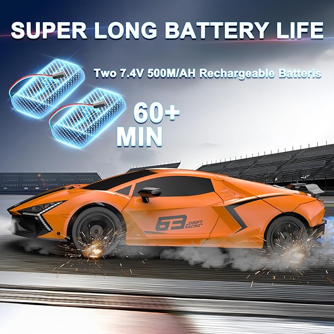 Remote Control Car RC Drift Car 1:16 Scale 4WD 18KM/H High Speed Model Vehicle 2.4GHz with LED Lights Spray Rubber Tire Racing Sport Toy for Adults Boys Girls Kids Gift 2Pcs Rechargeable Batteries