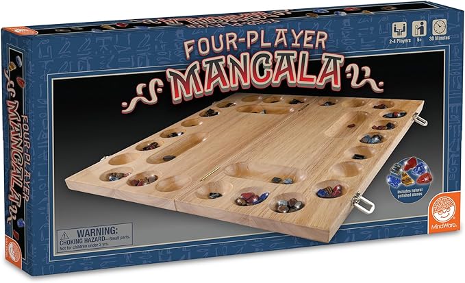 MindWare 4 Player Wooden Mancala Board Game with Foldable Board and Mancala Stone Movers - 2 to 4 Players