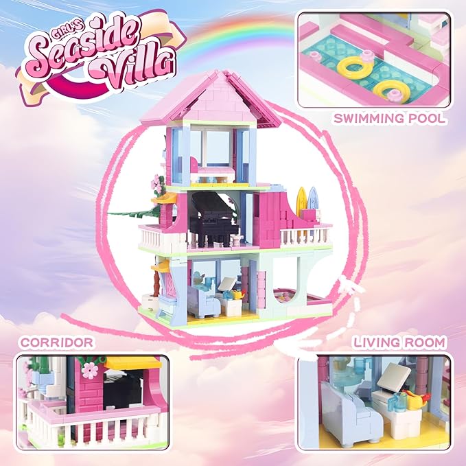 678PCS Pink Beach House Building Blocks Kit Compatible with Lego Particle SizesFriends Interactive Architecture Holiday Dream VillaUnique Birthday Gift Toy for Girls or Boys Age 6 7 8 9 10 11 12+