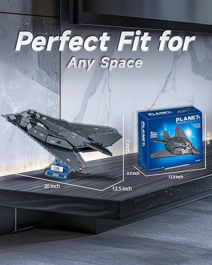 F-117A Nighthawk Fighter Jet Building Block Set for Adults 14+ 20 Inch Planet Military Airplane Air-Force with Display Stand Compatible with Lego 1375 Pcs