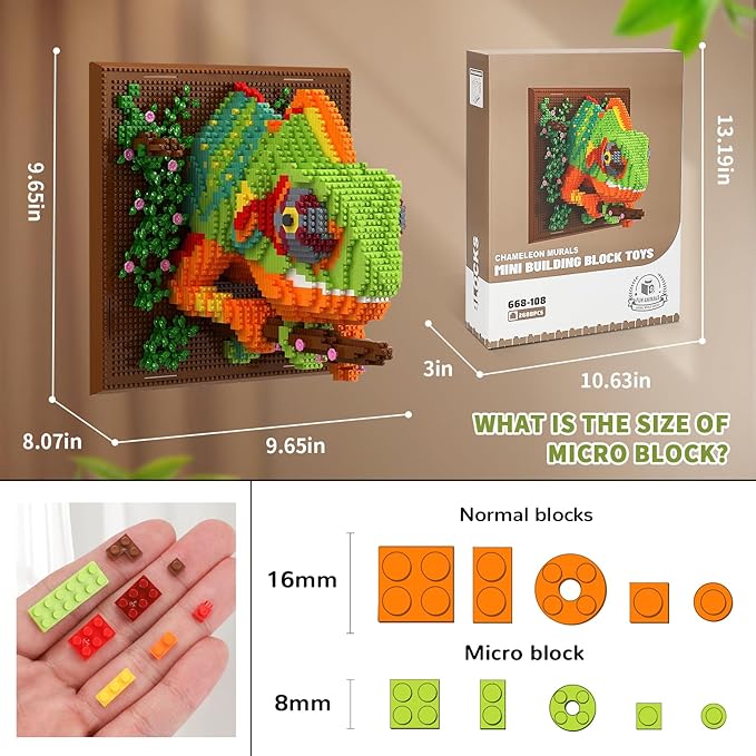 Chameleon Animal 3D Wall Art Micro Mini Building Blocks Set for Adults Unique Home Wall Decor or Table Display No Compatible with Lego Ideal Birthday Christmas Toy Gift for Teens (2688 PCS)