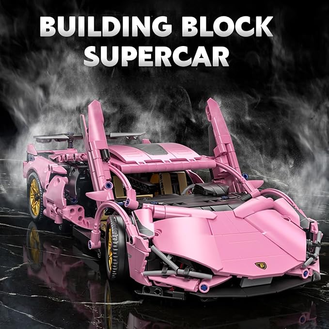 Sport Race Car Building Block Sets for Adults Pink Racing Supercar Toys Kits Collectible 1:14 MOC Model Construction Christmas Xmas Birthday Gift for Men Boys and Girls Teens Age 8-12 12-1614+