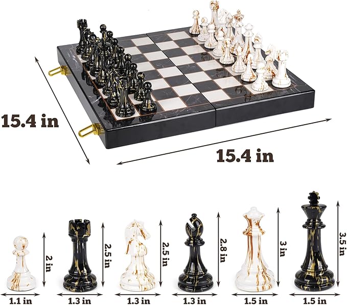 15 Large Chess Set for Adults with Weighted Acrylic Chess Pieces 3.5 King &amp Portable Folding Marbling Wooden Chess Board Travel Chess Sets Family Board Game Gift – Elegant Classic Chess Game