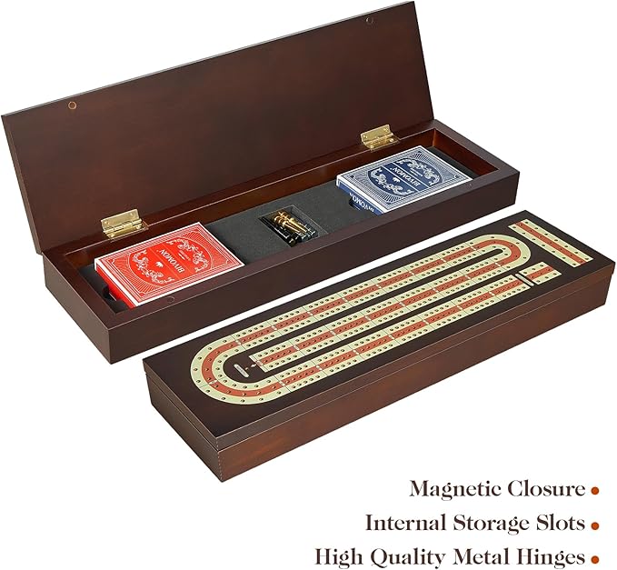 Cribbage Board Game Set Continuous 3 Track Wooden Board with Magnetic Lock 9 Metal Pegs 2 Playing Cards Large Storage Area Travel Portable Travel Cribbage Boards for Adult Child