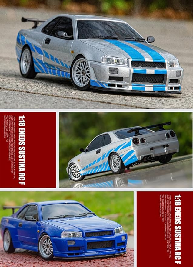 LD1899 1/18 Scale RC Drift Car GTR R34 2.4GHz RWD Mini Model Car with Gyro Alloy Body Shell Racing Cars for Adults Toys (Silver-Blue)