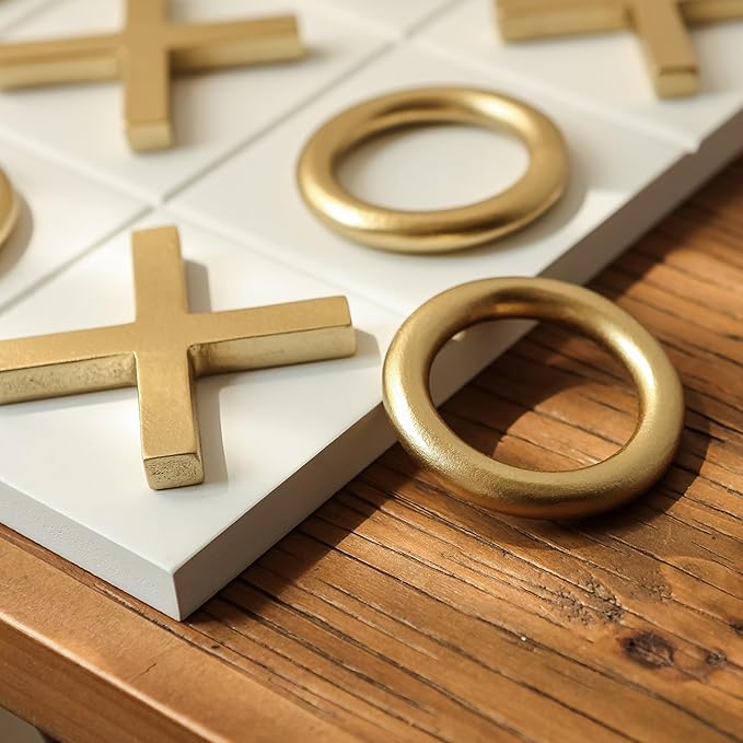 NIKKY HOME 12x12 Inch Tic Tac Toe Wood Game Board Classic Coffee Table Decor Modern Wooden Travel Game for Family White &amp Gold