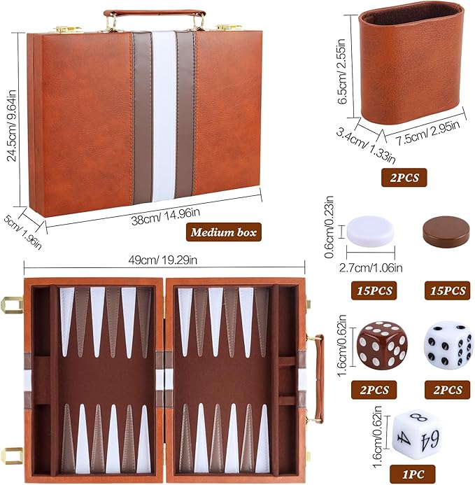 Backgammon Set 2 Players Classic Backgammon Sets for Adults Board Game with PU Leather Case Portable and Travel Backgammon Set (Brown 15inch)
