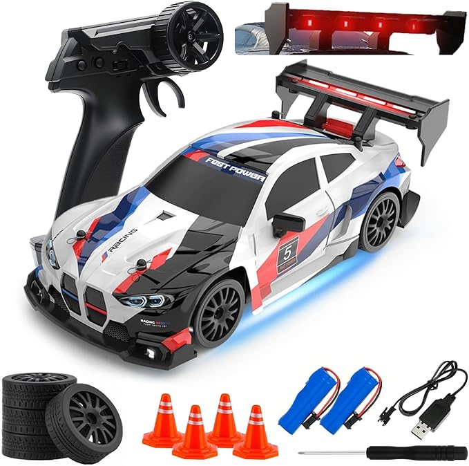 RC Drift Car 1:24 Scale Remote Control Vehicle for Kids2.4GHz 20KM/H 4WD High Speed RC Cars with LED Light Two Batteries &amp Drifting Tires Racing Sport Toy Cars for Adults Boys Girls Kids 8607WH