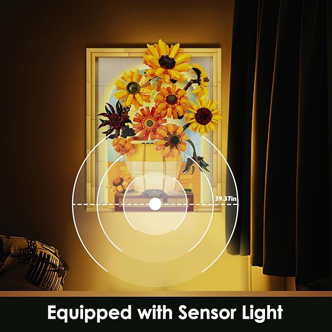 JMBricklayer Flowers Sunflower Building Sets for Adult with Lights 70004 Van Gogh Wall Art Crafts Ideas Flower Bouquet Painting Frame Room Decor Valentine’s Day Birthday Gifts for Women Girl