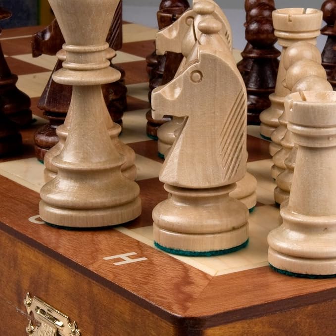 Wegiel Handmade European Professional Tournament Chess Set - Wooden 21 Inch Folding Board with Felt Base &amp Hand Carved Chess Pieces - Compartment Inside The Board to Store Each Piece