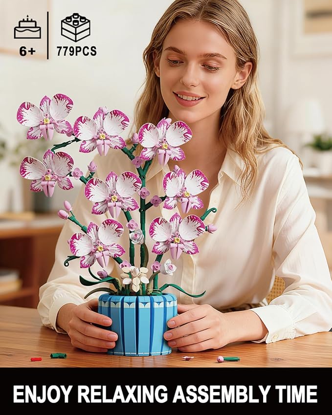 Flowers Botanicals Pink Orchid Building Set - Artificial Flower Building Blocks for Adult Women Indoor Plant Home Decor Bonsai Mother's Day Birthday Gift for Adults Kids Girls 8+ (779 PCS)