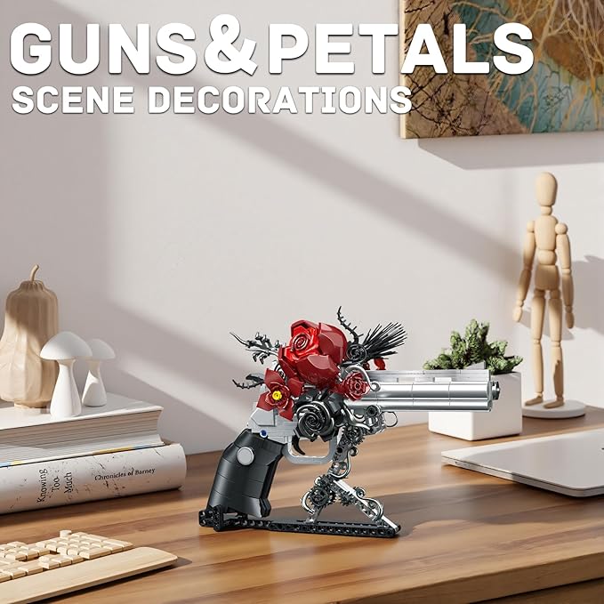 Guns &amp Petals Decorative Revolver Building Blocks with Red Roses Gothic Rose Revolver Building Kit Gothic Style Display Piece Creative Gift for Adults Teens 631 PCS