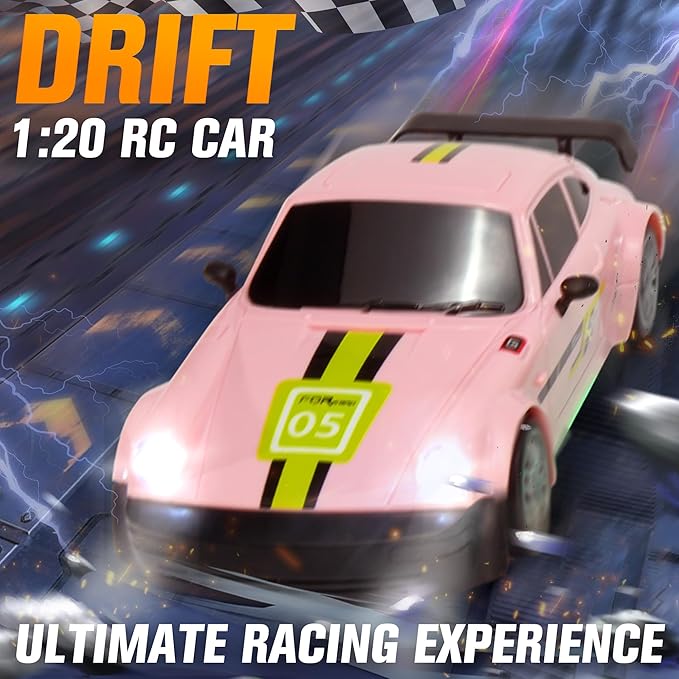 SANCO 1:20 RC Drift Car - 2.4G Drifting Car with Dual Tire System &amp LED Lights 20+KM/H 50-Minute Playtime Racing Toy Remote Control for Adults Boys Girls 2pcs Rechargeable Batteries （Pink）